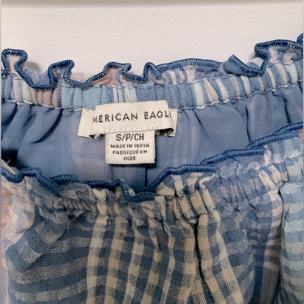 AEO 🦅 Off Shoulder Plaid Puff Sleeve Crop Top - Picture 11 of 15